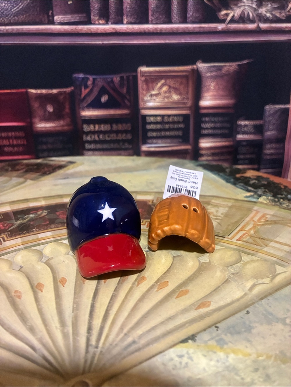 Ceramic Baseball Cap and glove Salt and Pepper Shaker Set - Red, Blue, Brown